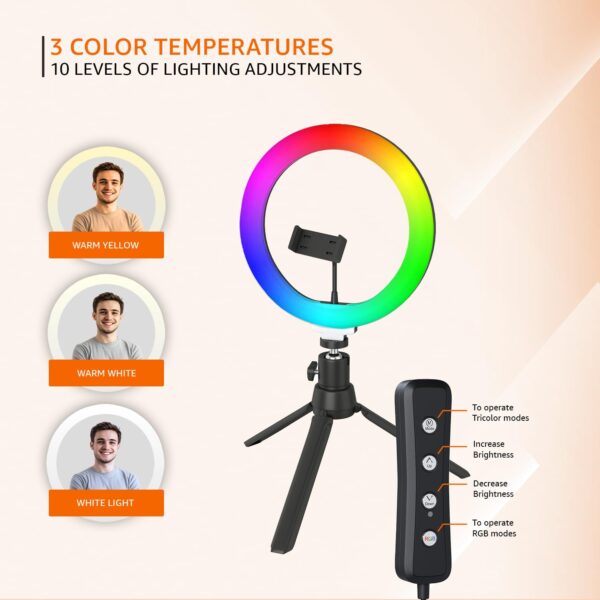 10-inch RGB LED Ring Light with Mini Tripod Stand and Phone Holder | 18 RGB Colour Patterns | 8 Brightness Settings | for Camera Recording, Phone Recording, YouTube, Photography & More - Image 2