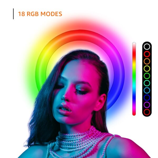 10-inch RGB LED Ring Light with Mini Tripod Stand and Phone Holder | 18 RGB Colour Patterns | 8 Brightness Settings | for Camera Recording, Phone Recording, YouTube, Photography & More - Image 7