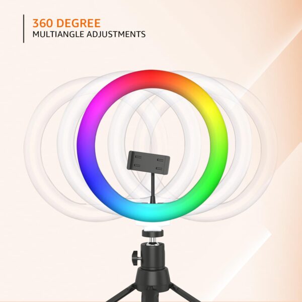10-inch RGB LED Ring Light with Mini Tripod Stand and Phone Holder | 18 RGB Colour Patterns | 8 Brightness Settings | for Camera Recording, Phone Recording, YouTube, Photography & More - Image 5