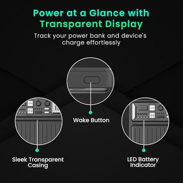 Portronics Luxcell Mini 10K Advanced 10000 mAh Nano Power Bank with 22.5W Max Output, LED Indicator, Mach USB-A Output, Type C PD Output, Type C Input, Wake Up Button(Black) - Image 3