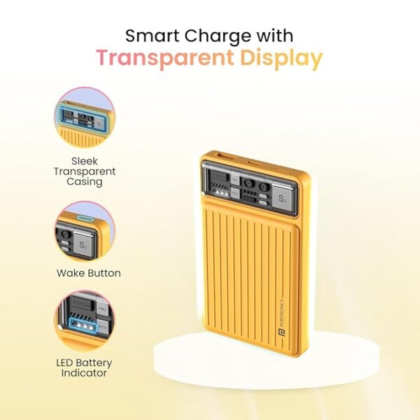 Portronics Luxcell Mini 10K Advanced 10000 mAh Nano Power Bank with 22.5W Max Output, LED Indicator, Mach USB-A Output, Type C PD Output, Type C Input, Wake Up Button(Yellow) - Image 4