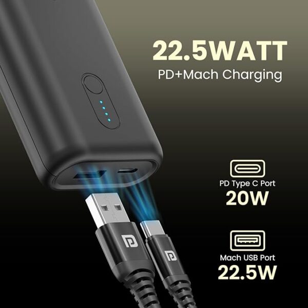 Portronics Power Pod 10K Advanced 10000 mAh Nano Power Bank with 22.5W Max Output, LED Indicator, Mach USB-A Output, Type C PD Output, Type C Input(Black) - Image 6