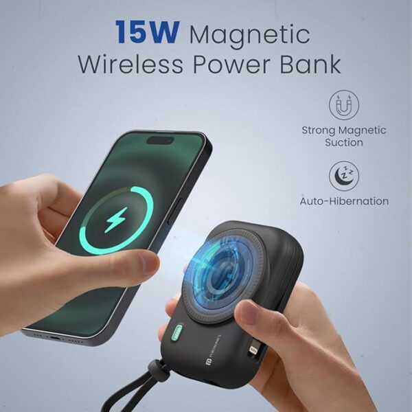 Portronics Power Shutter 10000mAh 15W Magnetic Wireless Fast Charging Powerbank with in-Built Type C & 8 Pin Cable, 22.5W Type C PD Output, Type C Bidirectional Port, LED Display (Black) - Image 3