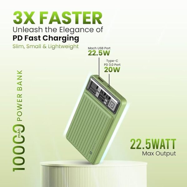 Portronics Luxcell Mini 10K Advanced 10000 mAh Nano Power Bank with 22.5W Max Output, LED Indicator, Mach USB-A Output, Type C PD Output, Type C Input, Wake Up Button(Green) - Image 5