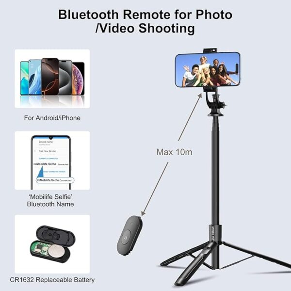 Mobilife Long Selfie Stick with Tripod Stand Aluminum 61 inch Multifunctional Bluetooth Tripod for Mobile Phone Vlogging Live Stream 1/4" Screw for Mirrorless/Action Camera Ring Light Gopro, Black (Q06) - Image 4