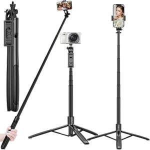 Mobilife Long Selfie Stick with Tripod Stand Aluminum 61 inch Multifunctional Bluetooth Tripod for Mobile Phone Vlogging Live Stream 1/4" Screw for Mirrorless/Action Camera Ring Light Gopro, Black (Q06)