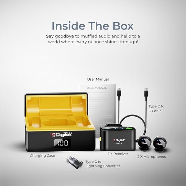 DIGITEK® DWM-116 2-in-1 Wireless Microphone, 2.4GHz, Magnetic Collar Clip, 360° Sound Capture, 40m Range, 6Hr Battery, Type C-to-C & C to LTC, DSLR, iOS & Android Compatible, for Interviews & Vlogging - Image 6