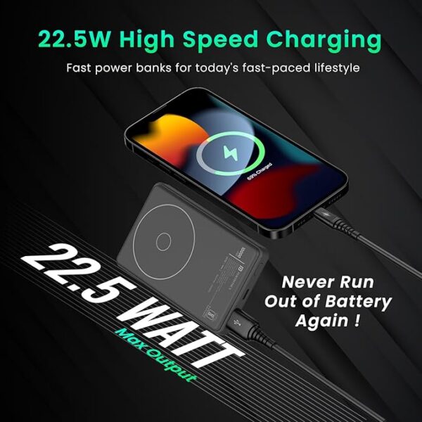 Portronics Luxcell Mini 10K Advanced 10000 mAh Nano Power Bank with 22.5W Max Output, LED Indicator, Mach USB-A Output, Type C PD Output, Type C Input, Wake Up Button(Black) - Image 2