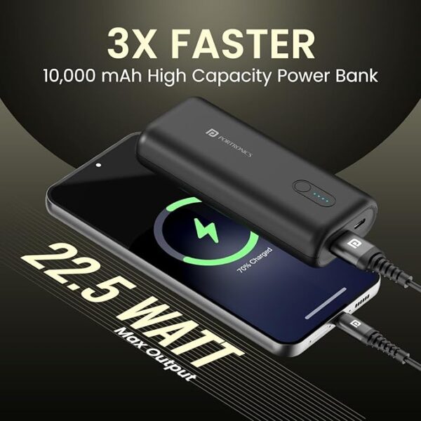 Portronics Power Pod 10K Advanced 10000 mAh Nano Power Bank with 22.5W Max Output, LED Indicator, Mach USB-A Output, Type C PD Output, Type C Input(Black) - Image 2