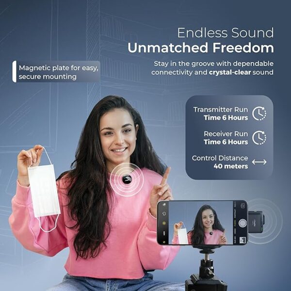 DIGITEK® DWM-116 2-in-1 Wireless Microphone, 2.4GHz, Magnetic Collar Clip, 360° Sound Capture, 40m Range, 6Hr Battery, Type C-to-C & C to LTC, DSLR, iOS & Android Compatible, for Interviews & Vlogging - Image 3