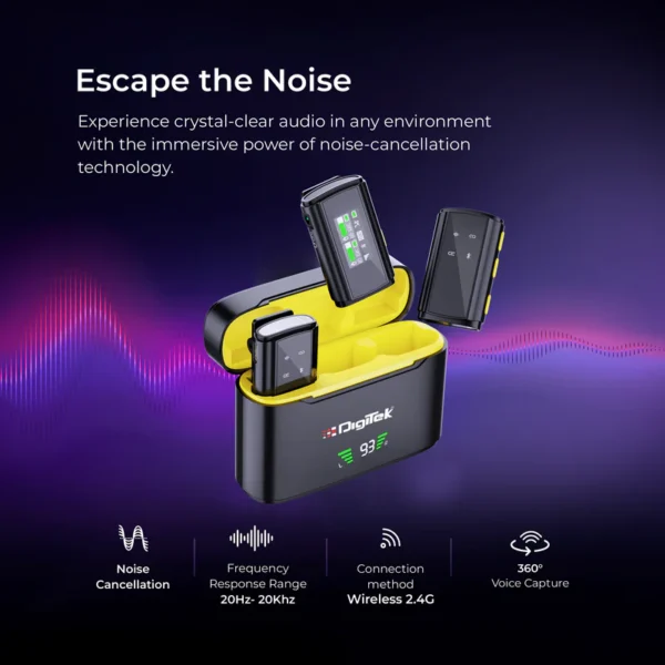 Digitek® (DWM-107) 2-in-1 Wireless Microphone with TFT Card Recording & 360° Sound Capture, 60m Range, 2.4 GHz RF, 9Hrs Run Time, Noise Cancellation, Plug & Play, Compatible with Android, iOS, DSLR - Image 2