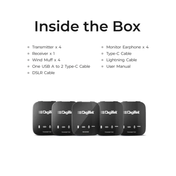 Digitek® (DWM-111) 4 Channel Wireless Microphone System, 360° Ultra Voice Capture & 2.4GHz, Plug & Play, 50m Range, Noise Reduction, Use with DSLR, Smartphone & Laptops, for Podcast, Vlog & Videoshoot - Image 4