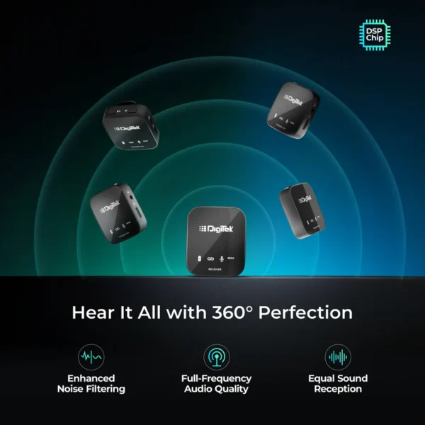 Digitek® (DWM-111) 4 Channel Wireless Microphone System, 360° Ultra Voice Capture & 2.4GHz, Plug & Play, 50m Range, Noise Reduction, Use with DSLR, Smartphone & Laptops, for Podcast, Vlog & Videoshoot - Image 2