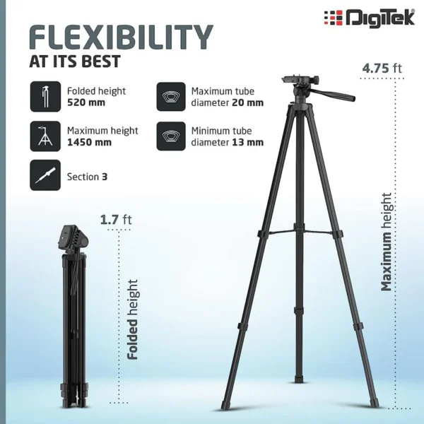 DIGITEK (DTR 480LW) 57 Inch Portable Aluminium Alloy Tripod with Smartphone Holder & 360° Ball Head, 3 Section Adjustment, 2kg Load Capacity, Carry Bag, Compatible with Smartphone, Video Camera, DSLR. - Image 7
