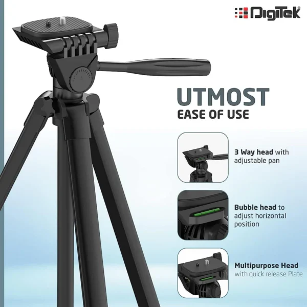 DIGITEK (DTR 480LW) 57 Inch Portable Aluminium Alloy Tripod with Smartphone Holder & 360° Ball Head, 3 Section Adjustment, 2kg Load Capacity, Carry Bag, Compatible with Smartphone, Video Camera, DSLR. - Image 6