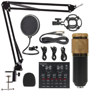 Broads Cast Mic Professional Condenser Microphone with X3 Sound Card | Condeser Mic Set with Compact Microphone Pop Shield |Live Sound Card| Boom Arm Stand| Shock Mount for Recording Podcasting & Live Streaming