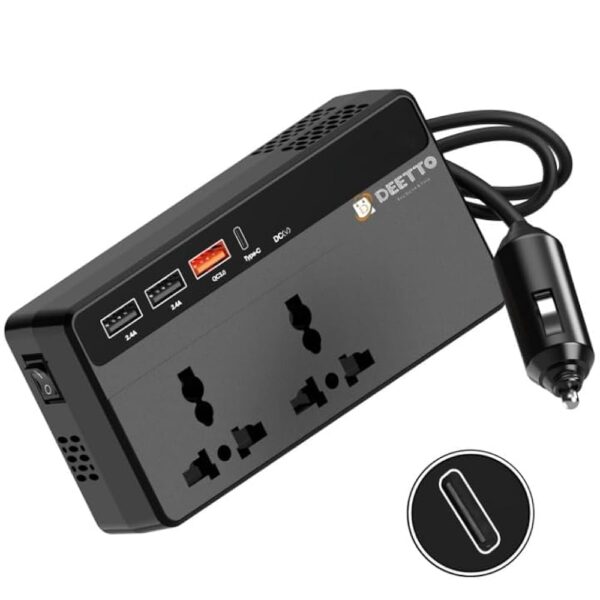 Car Laptop Charger/Power Inverter with 2 USB(3.1A Max) + 1 C Type(1 * 18W PD) Smart USB Charging Ports, 12V DC to 220V AC, 2X Universal AC Outlet, Grey, 18 Months Warranty - Image 7